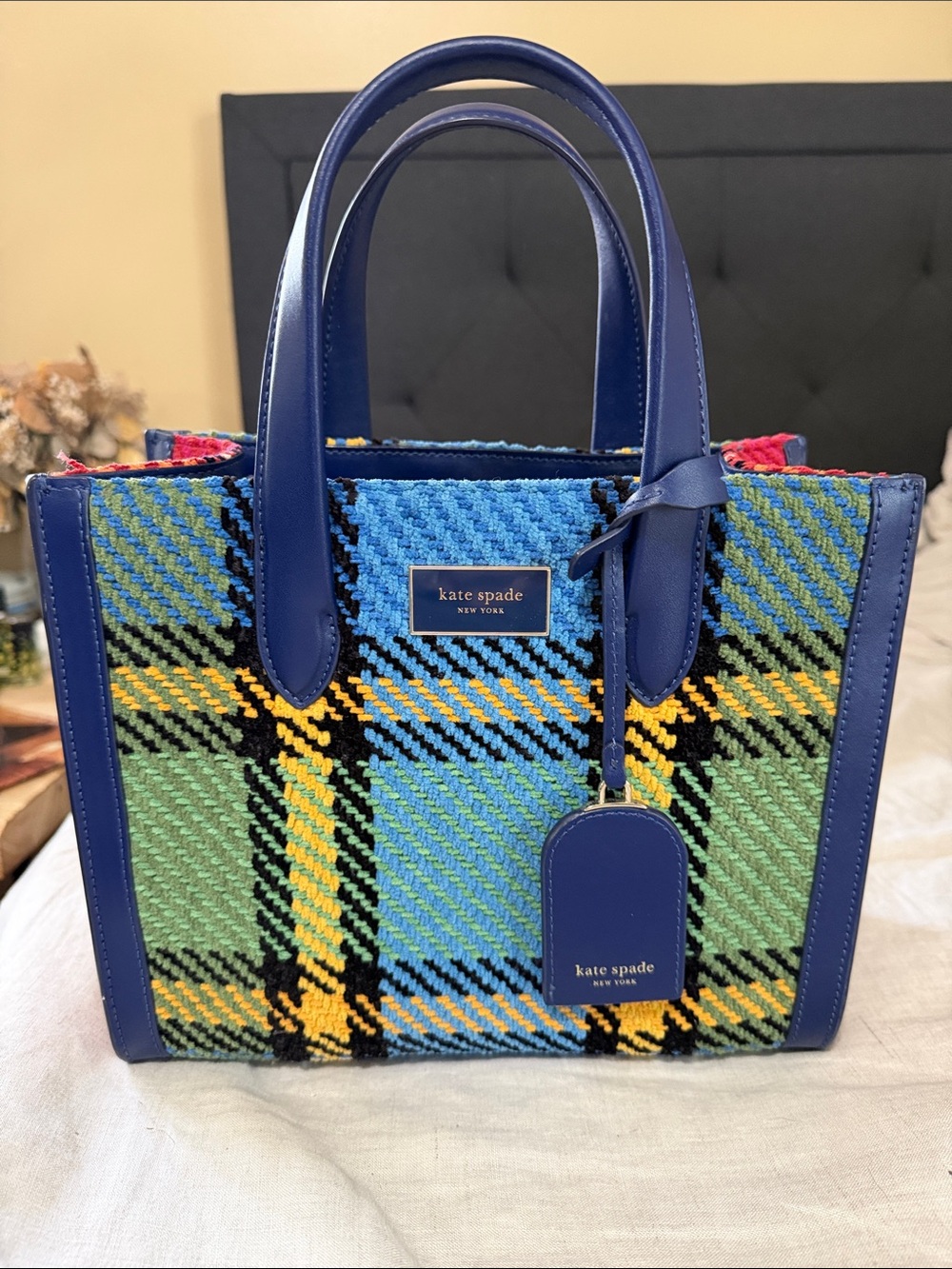 Kate Spade small manhattan Blue & Green Plaid Tote Bag top Handel bag